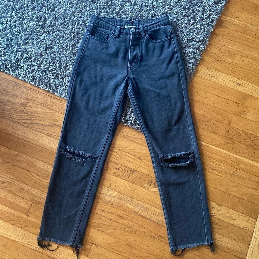Princess Polly Black High Rise Straight Leg Distressed Jeans Size 4